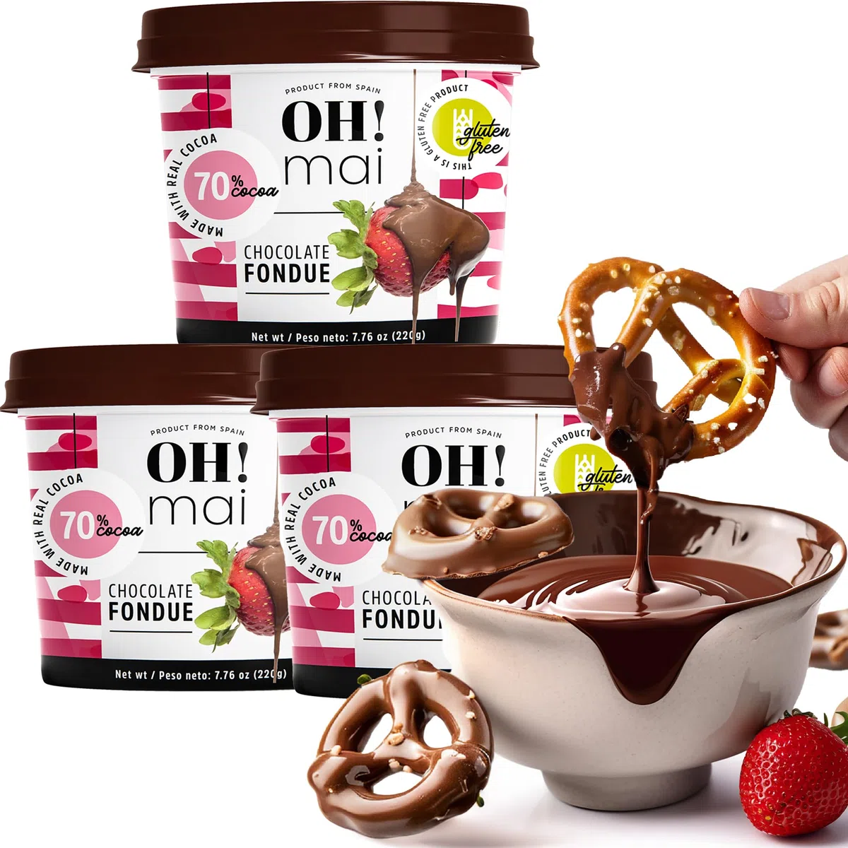OH! Mai Chocolate Fondue Tarro de 220 gr, Fuente de Fondue de Cacao para derretir en microondas para Frutas, Galletas, Dulces o Bocadillos, fabricado en España (paquete de 3)