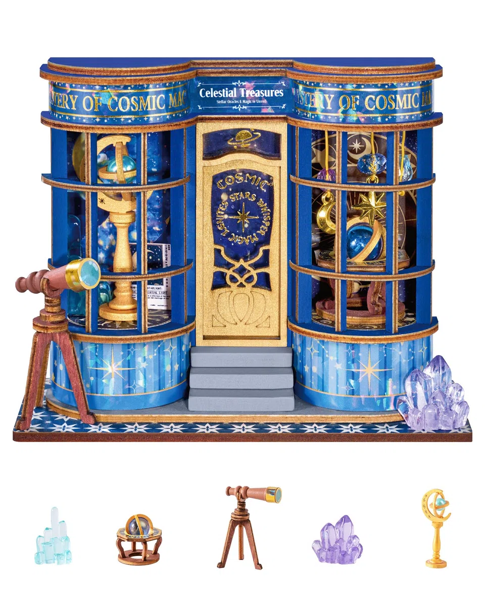 Rolife Maquetas Magic Astronomy Shop-85 Piezas DIY Miniature House Diorama, Casas Miniaturas para Montar Puzzle 3D Madera Book Nook para Adultos ¡Ningún Pegamento Necesario