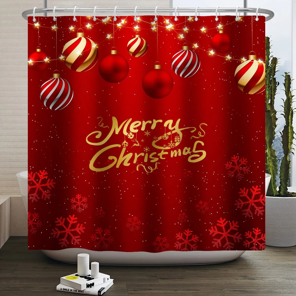 180x180cm Feliz Navidad Cortina de Ducha Nevado Rojo y Rojo Blanco Rayas Celebracion Pelota Cortina de baño Festivo Rojo Fondo Invierno Cortina bañera para Baño Poliéster con Ganchos