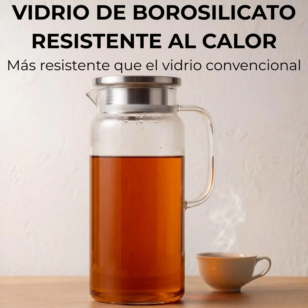 Jarra de Agua Cristal 1,2L con Tapa de Acero Inoxidable. Jarra de Agua en Vidrio Borosilicato Resistente al Calor, Botella Cristal Reutilizable, Vida Saludable. (1,2 Litros)