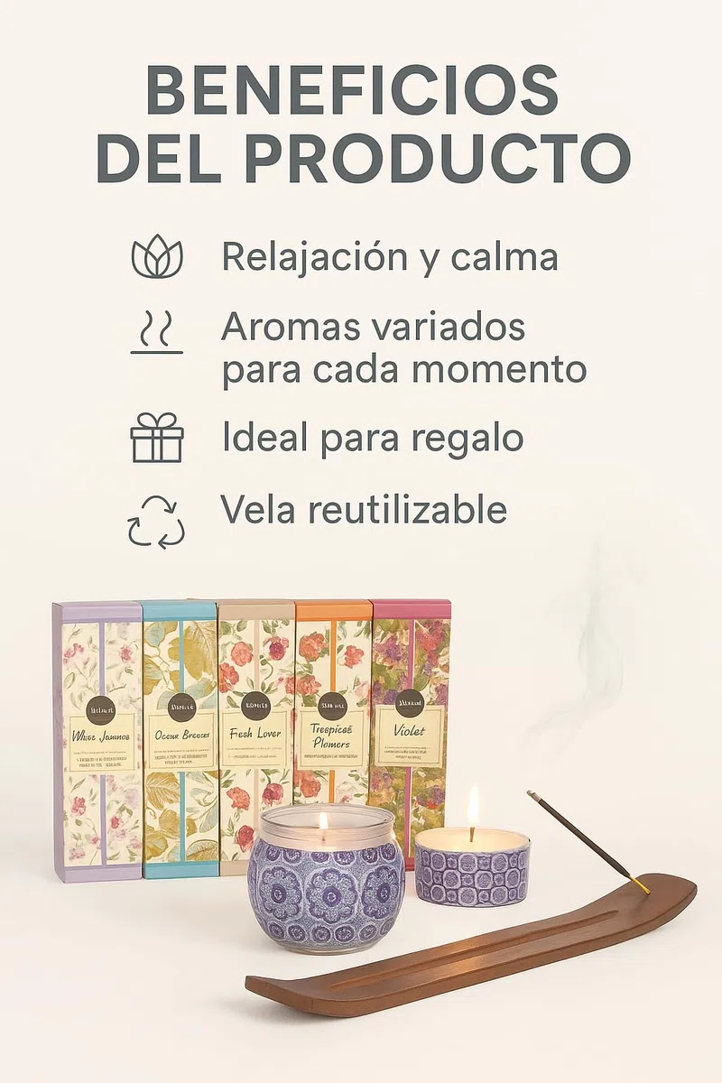 Set de Incienso Natural 100 Varillas (5 Aromas Diferentes) + Vela perfumada + Quemador de Incienso de Madera – Kit Regalo aromaterapia Fabricado en India para meditación y relajación en casa