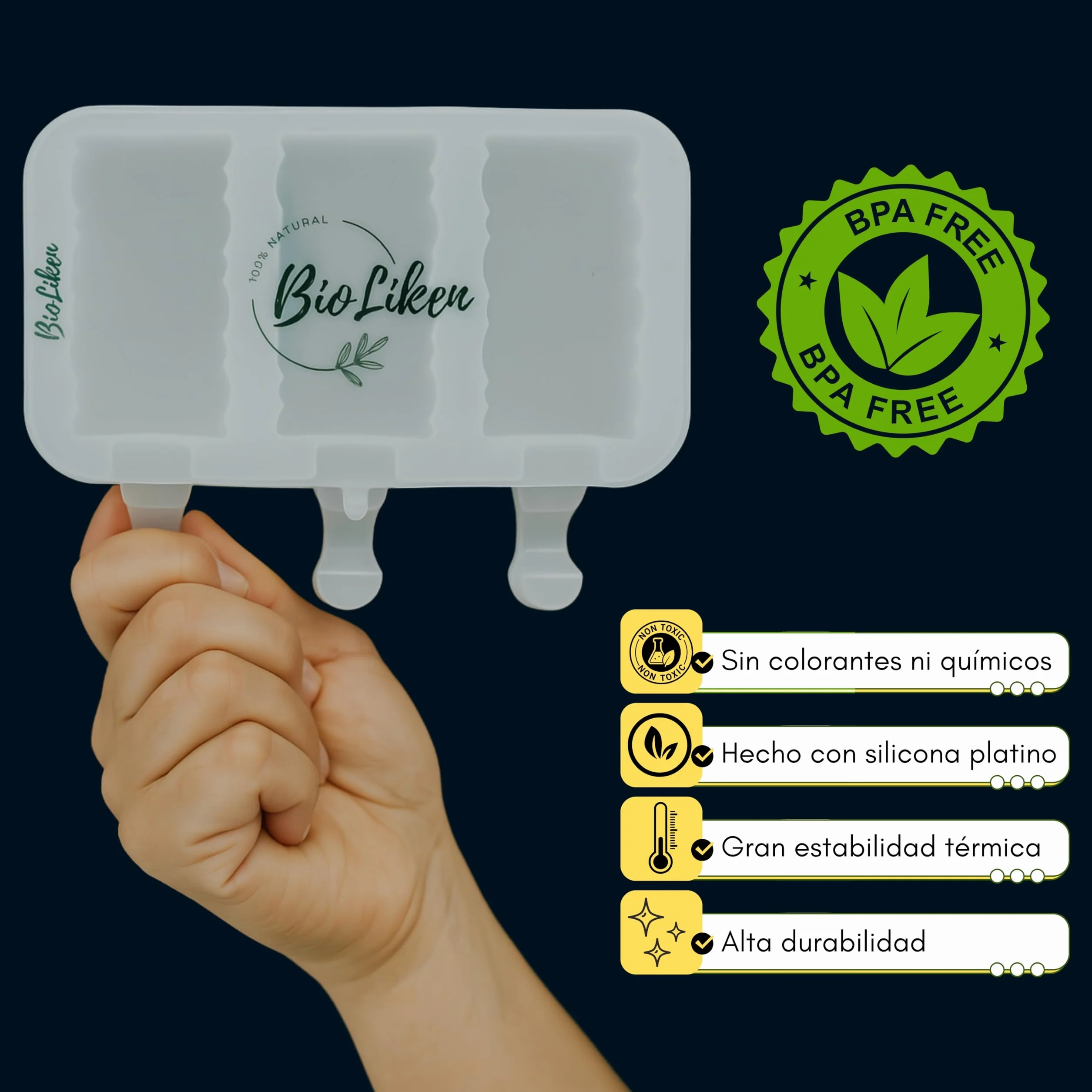Moldes Helado de Silicona Platino Reutilizables sin BPA, 3 Cavidades, Pack x2 Unidades, Moldes para polos - Translúcido Sin Colorantes