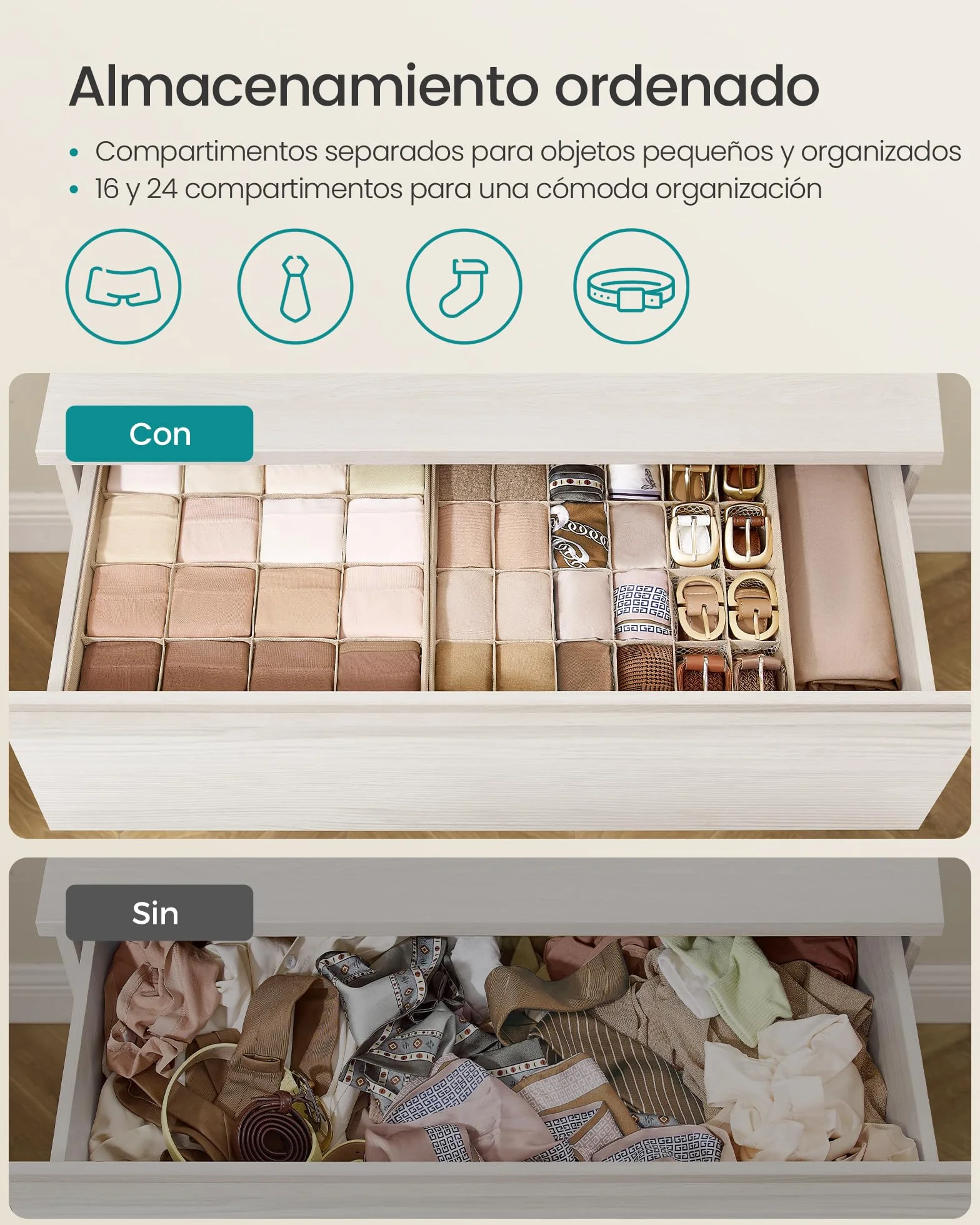 SONGMICS Juego de 4 Organizadores de Cajones, 80 Compartimentos, Cajas Plegables, 30x30x10 cm, Beige Arena