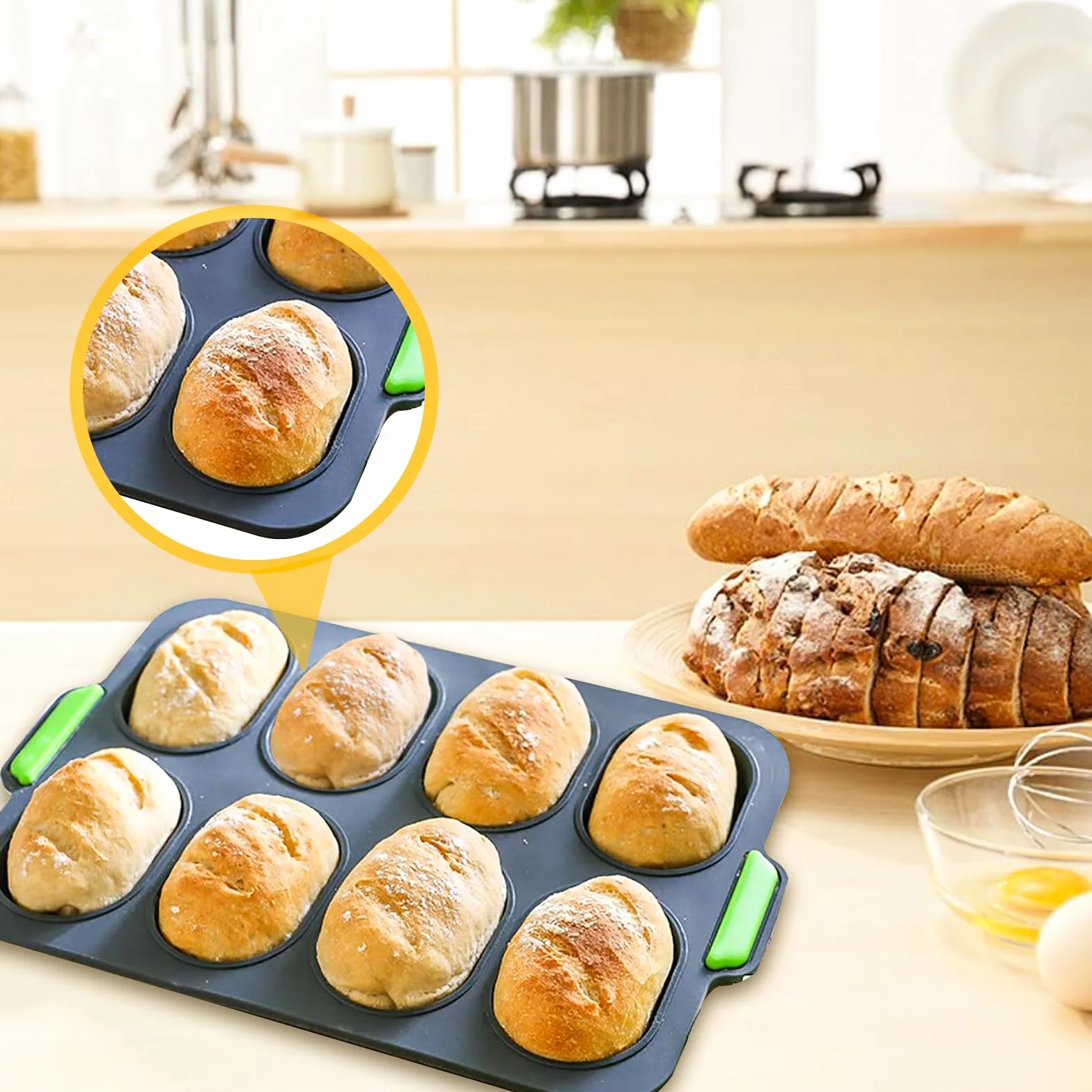 Molde De Silicona Para Baguette, Baguette Bandeja para Hornear, Perforada Francés Pan, Bandeja Baguette, Molde Antiadherente con Cepillo, 4, 8 Cavidades, 34 x 24 x 2.5 cm, 2 Piezas