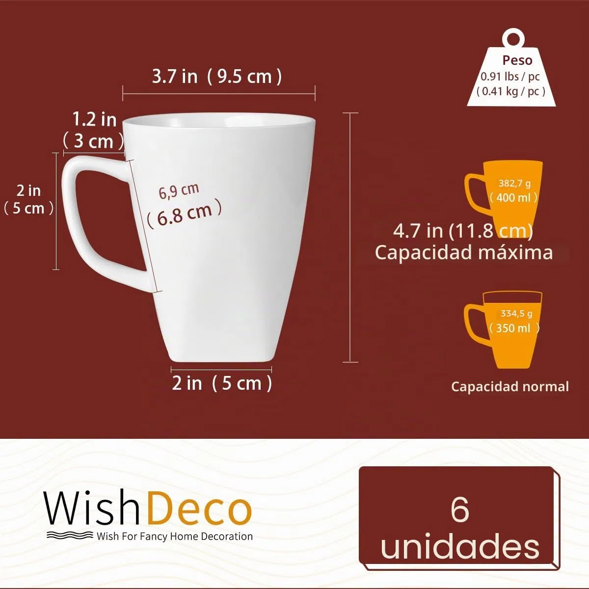 WishDeco Juego de 6 Tazas Porcelana, Tazas de Cafe Grandes 400ml, Taza Desayuno, Taza de Té Blancas, Mug Cerámica para Capuchino, Leche, Zumo