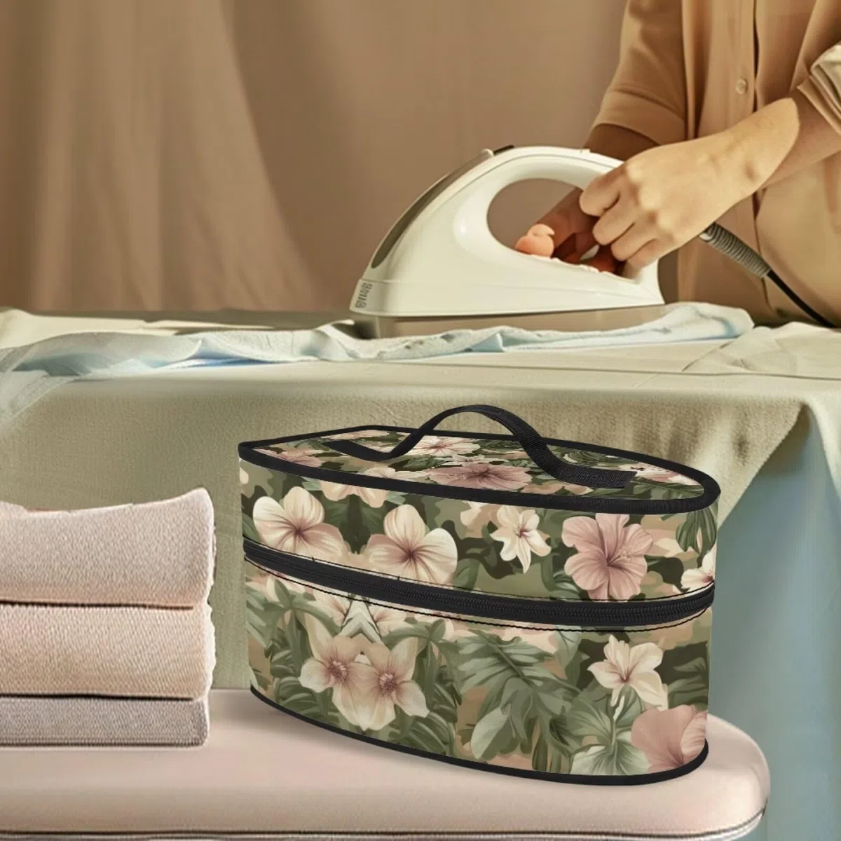 Bolsa de almacenamiento de hierro floral vintage con asa y cierre de cremallera, bolsa de almacenamiento portátil, bolsas de viaje