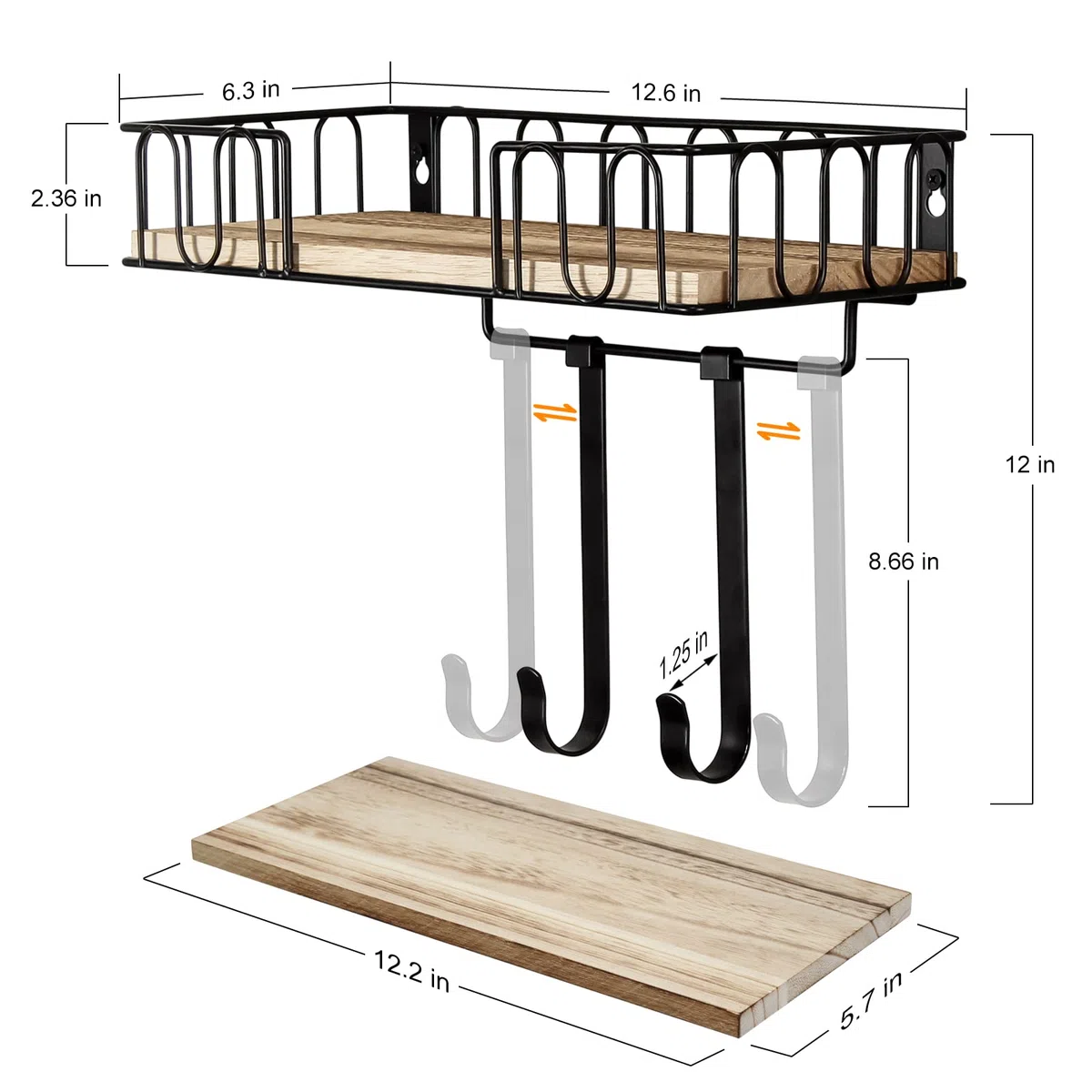 TJ.MOREE Soporte para tabla de planchar de metal, soporte de pared para plancha y tabla de planchar, decoración de cuarto de lavado y almacenamiento con gran cesta de base de madera negra y ganchos