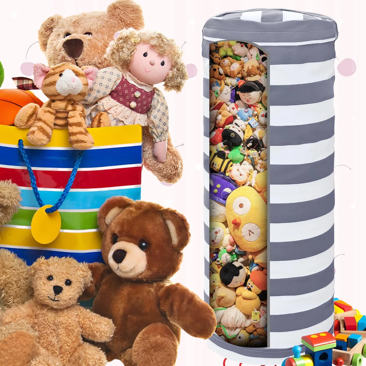 Puf multifuncional para niños, bolsa de almacenamiento para juguetes de lona, puf de almacenamiento para peluches