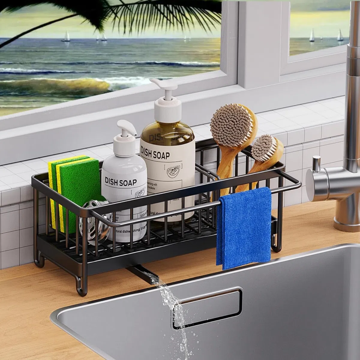 Organizador Fregadero, Soporte Estropajo Fregadero de Cocina Acero Inoxidable con Bandeja de Desagüe Extraíble, Toallero y divisores Ajustables, Cocina Organizador de Lavado, Negro