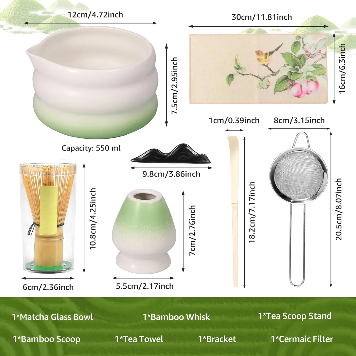 Juego de escobas Matcha con accesorios: cuchara, batidor, portaescobas, colador, whisk, juego de té tradicional para los amantes del té