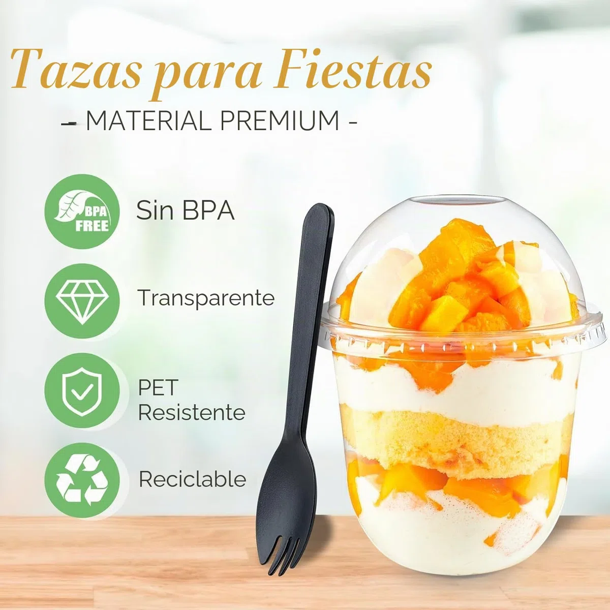 LATERN 50 Piezas Vasos de Postre de Plástico con Cúpula Tapas, 360ml Tazas de Postre Redondas Taza de Aperitivo de Parfait Transparente Tazón para Servir Reutilizable con Tenedores para Pudín Mousse