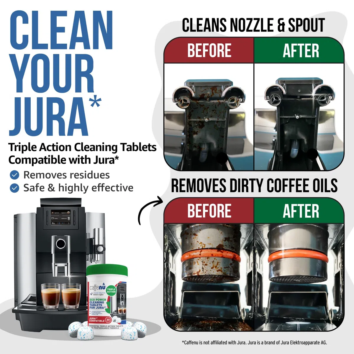 Caffenu Tabletas de limpieza compatibles con Jura. 30 tabletas de limpieza. Pastillas de limpieza de café: limpia partes internas, portafiltro, áreas inaccesibles. Uso en todas las máquinas de café
