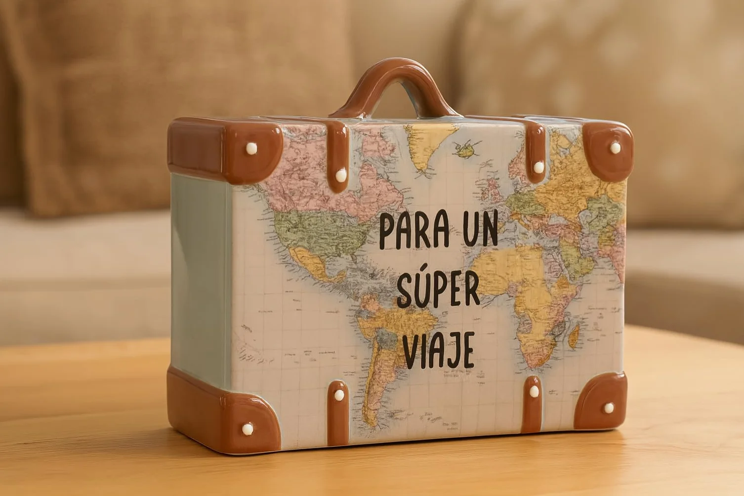 Hucha Decorativa Maleta Ceramica - para un Super Viaje, 14,7 x 13 x 7,1 cm. Hucha con Tapa.