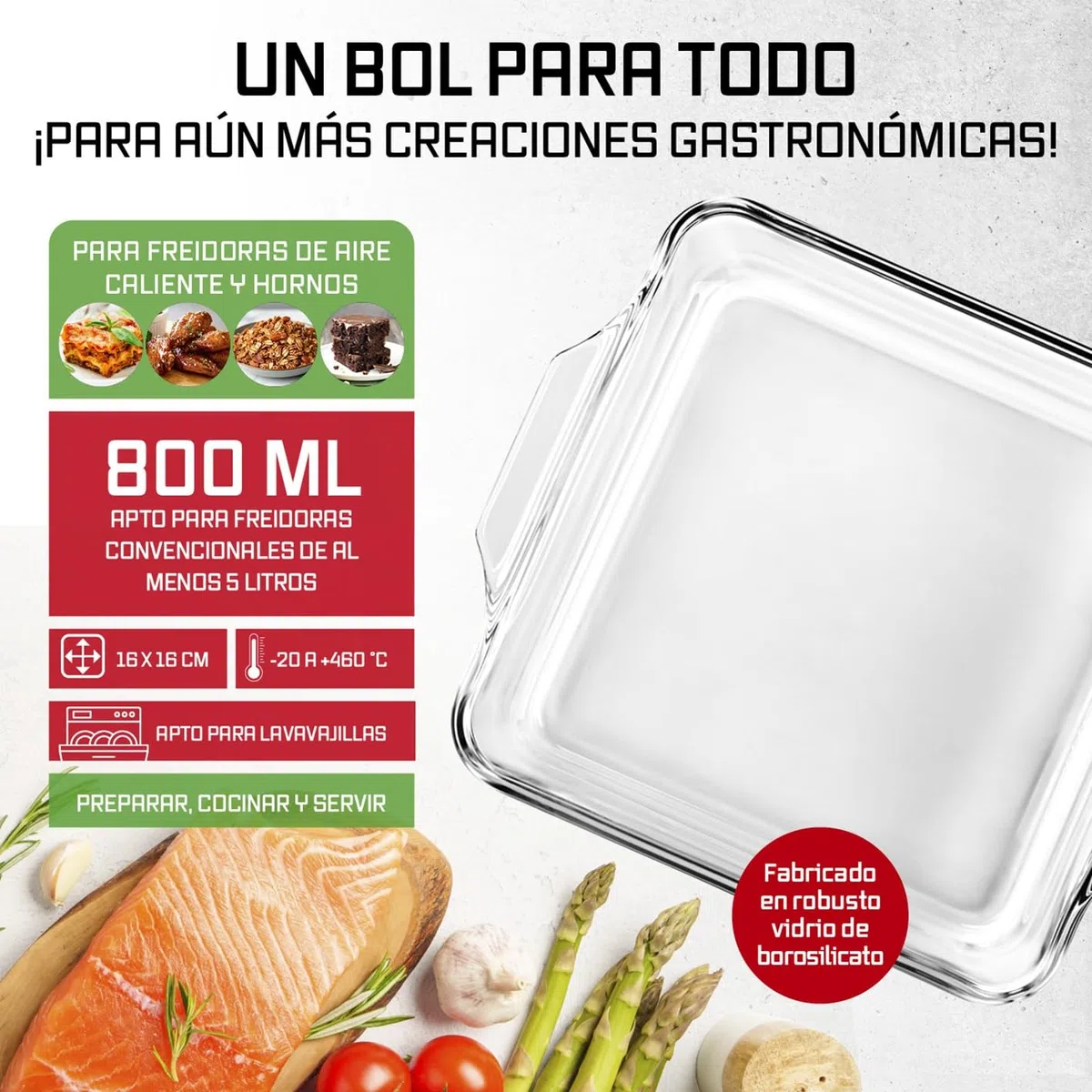 GOURMETmaxx Fuente de horno de cristal para freidora de aire caliente y horno, juego de 2 – 800 ml cada uno | Molde rectangular | Cuenco pequeño – Preparar, cocinar, servir, molde de cristal Airfryer