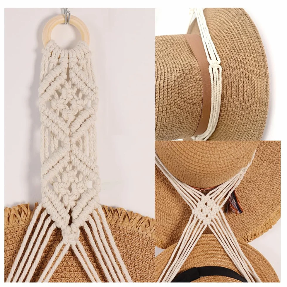 2 perchas de macramé para sombrero, perchero para sombrero, soporte para colgar sombreros bohemios, organizador de sombreros para colgar en la pared para almacenamiento de gorras de ala