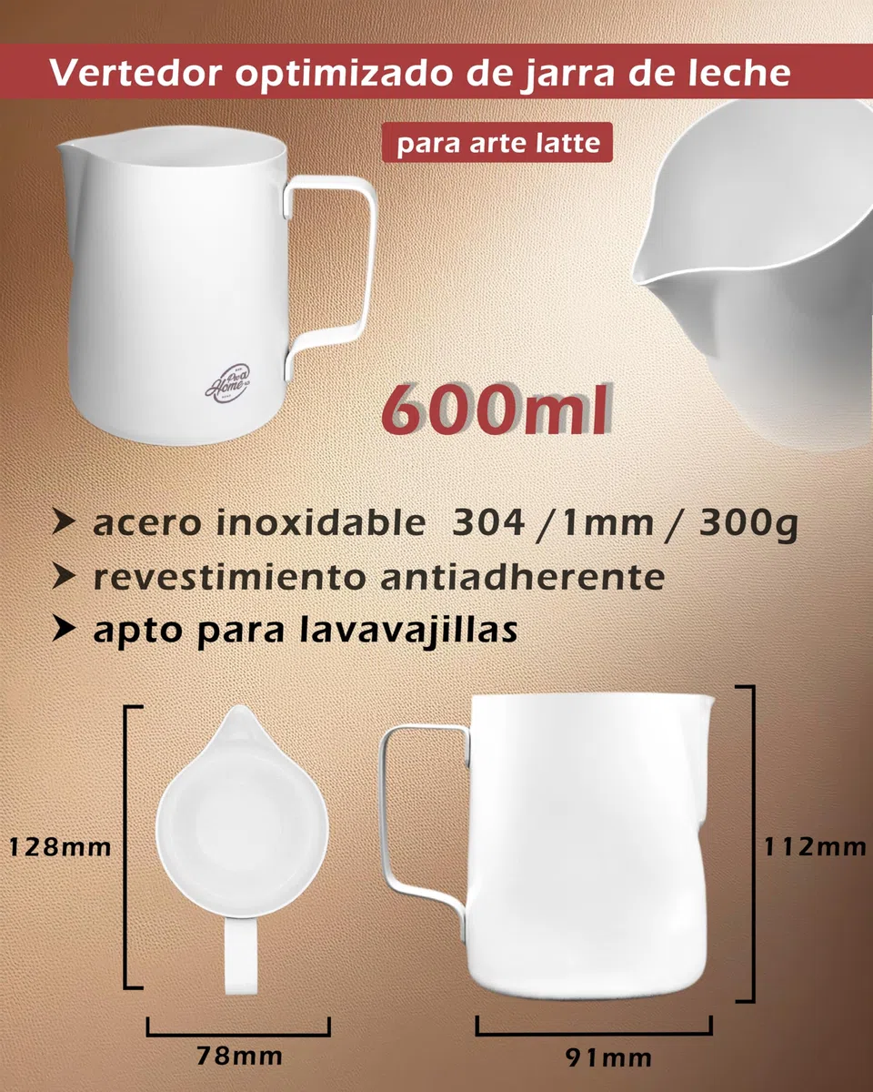 Jarra leche barista de acero inoxidable blanca 600ml (también en 350ml) con lápiz de latte art/Jarra para espumar leche en caja de regalo