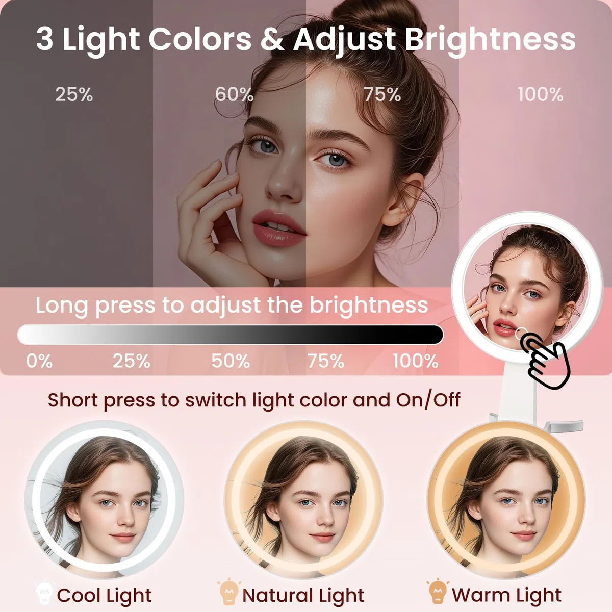 Espejo Maquillaje con Luz, 1X/10X de Doble Cara Espejo Tocador con Luz, Espejo Maquilhagem con 3 Modos de Iluminación, Espelho Luces Maquillaje con Aumento,USB,Sobremesa,Portátil para Viajes