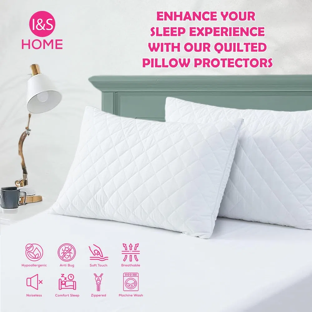 I&S HOME Paquete de 2 protectores de almohada acolchados con cremallera, 50 x 75 cm, fundas de almohada hipoalergénicas, transpirables, suaves, fundas de almohada con cremallera, color blanco