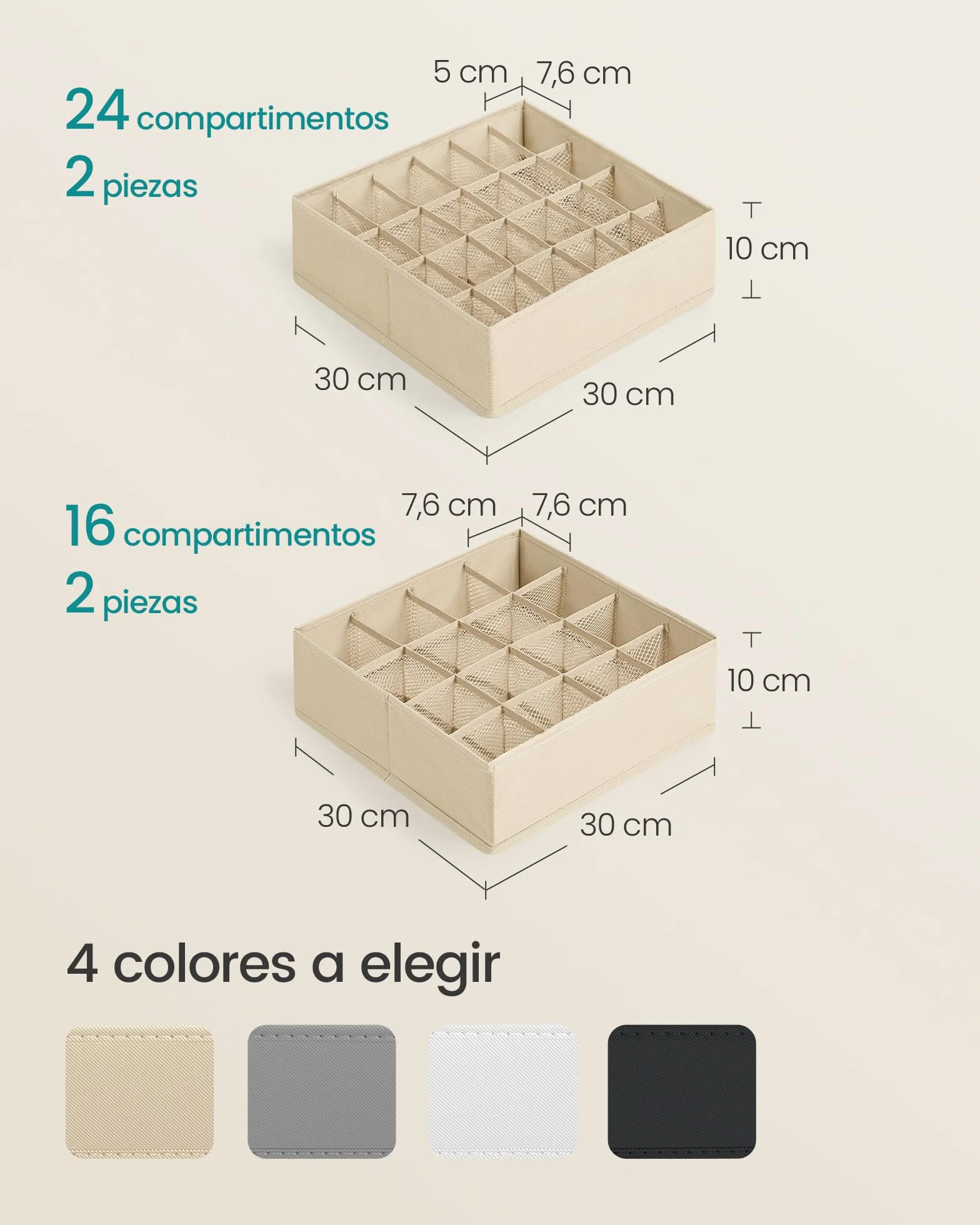 SONGMICS Juego de 4 Organizadores de Cajones, 80 Compartimentos, Cajas Plegables, 30x30x10 cm, Beige Arena