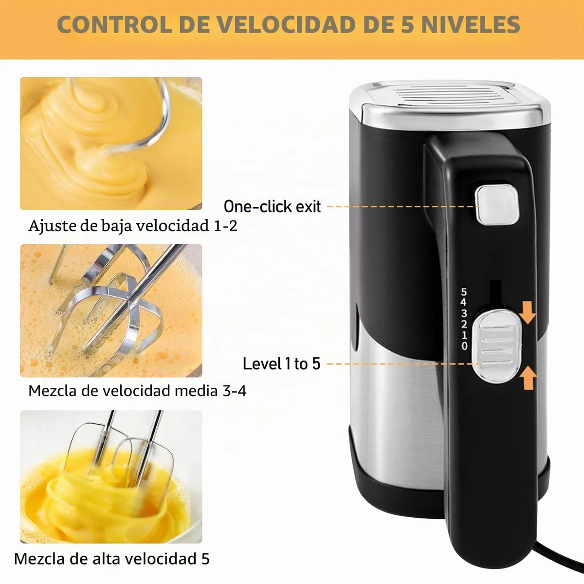 Batidora de mano eléctrica de 800 W, 5 velocidades, batidora de mano, batidora de mano, batidora de cocina, batidora de mano, 2 varillas y 2 ganchos para amasar, para pasteles y pan, para mezclar