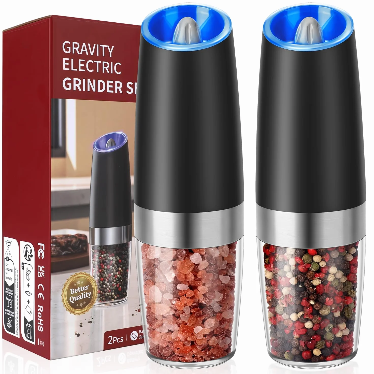 Molinillo Pimienta, Hotec Molinillos Eléctricos de Pimienta y Sal, 9 oz de Alta Capacidad, Funciona con Pilas AAA con Sensor de Gravedad, 6 Niveles de Molienda e Indicador LED,Juego de 2