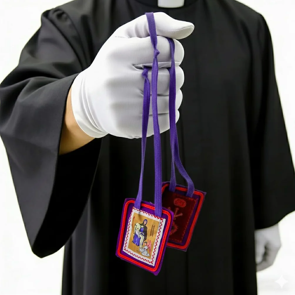 MERCILIA MEISHILAI Escapulario morado de 7,6 x 6,3 cm - Escapulario de lana Escapulario Morado de Bendición y Protección para los tiempos finales - Incluye bolsa de terciopelo morado y tarjeta de