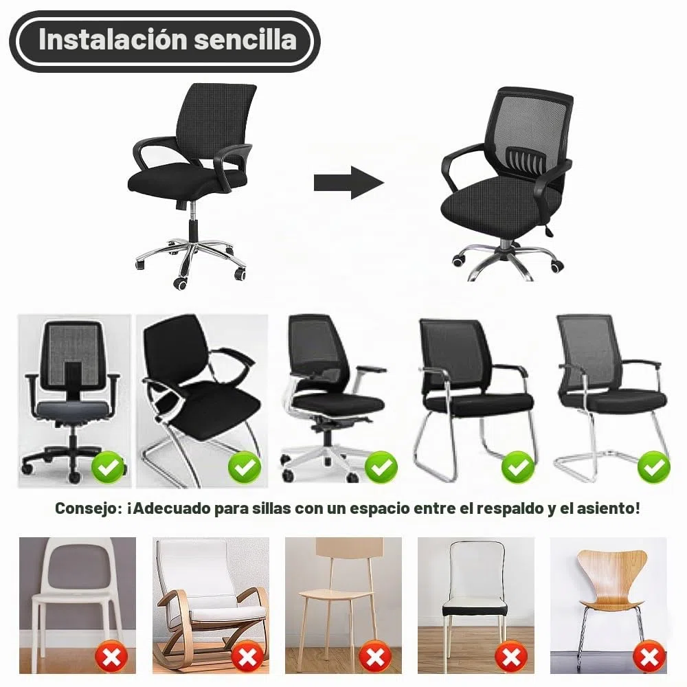 CAREDGO 2 Pcs Funda Asiento Silla Oficina Funda Silla Escritorio Fundas para Silla de Ordenador Funda para Asiento Silla Comedor Funda Silla Gaming Funda Protectora Silla Negra para Oficina Comedor