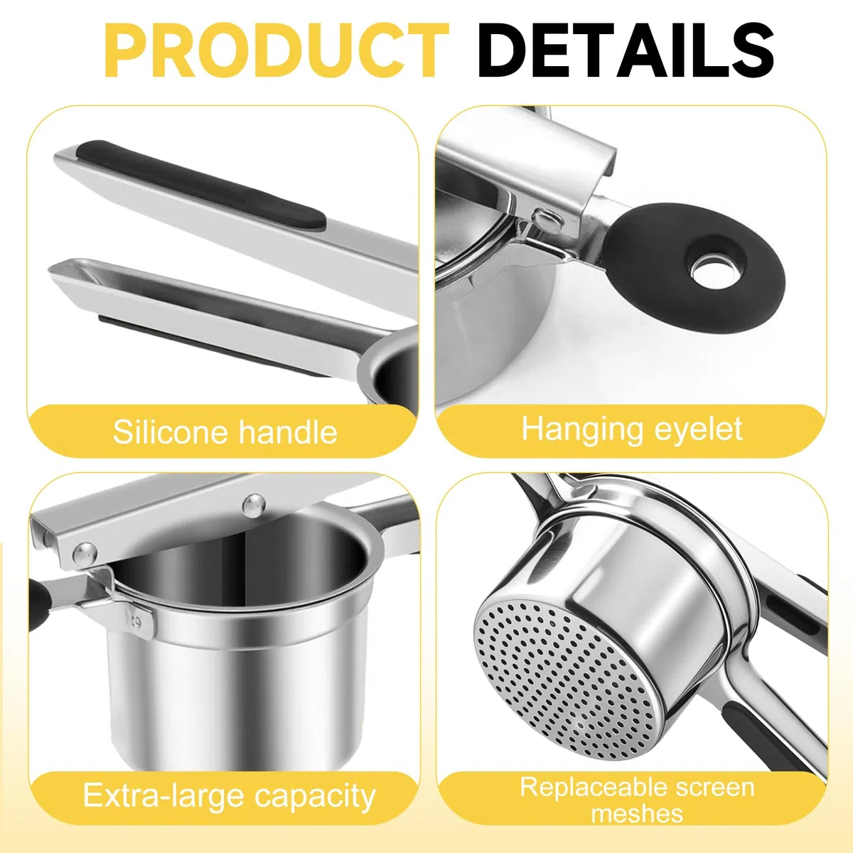 Machacador De Patatas Multiusos, Fabricado En Acero Inoxidable 430 y Equipado Con Cuatro Cuchillas Intercambiables, Ideal Para Preparar Puré De Patatas, Zumos y Mermeladas