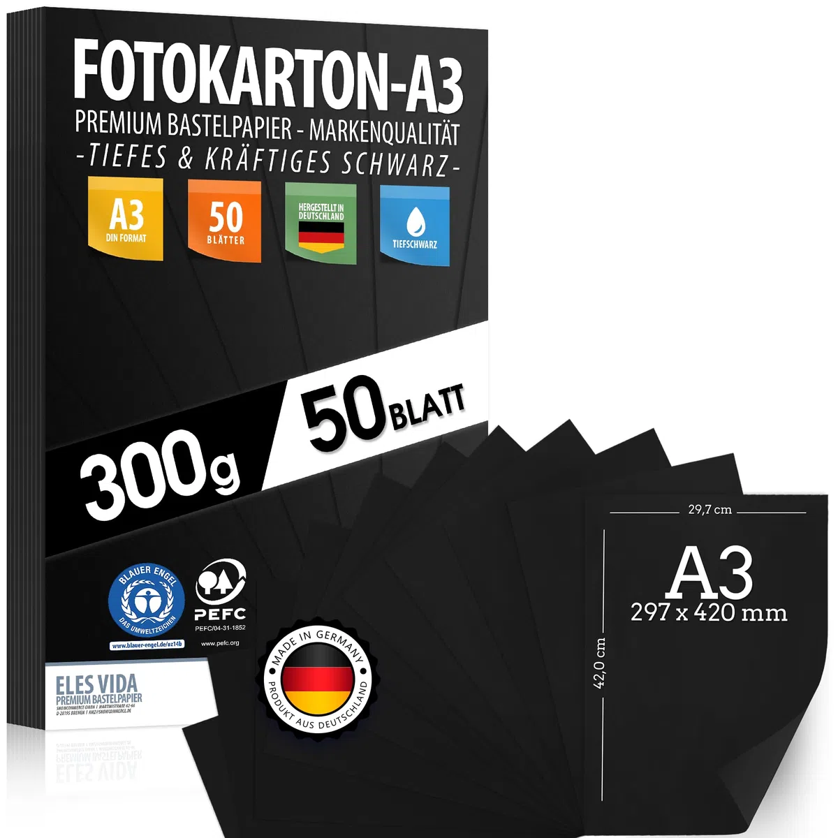 50 Hojas de Cartón Negro Para Manualidades, 300 g/m², Papel Prémium DIN A3, Sin Impresión Para Fotografía, Presentaciones, Cartones