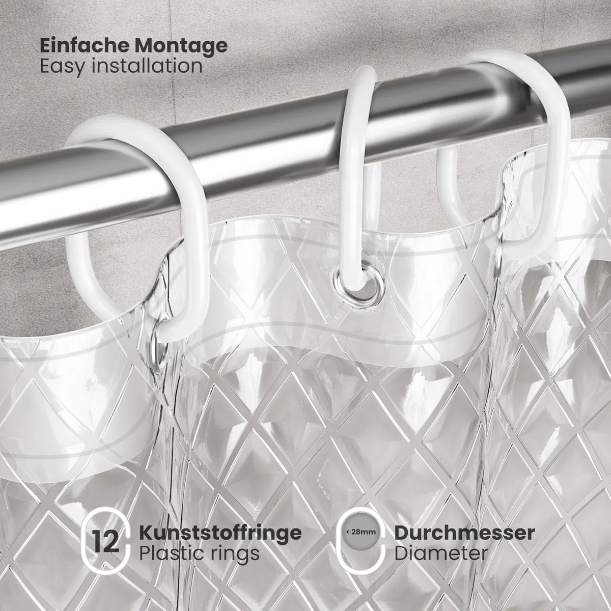 ecooe Cortina de Ducha Transparente 3D Rómbico 180 x 200 cm, Cortinas de Baño EVA Antimoho, Cortina Ducha Impermeable con 12 Anillos, Cortina Bañera para Ducha o bañera
