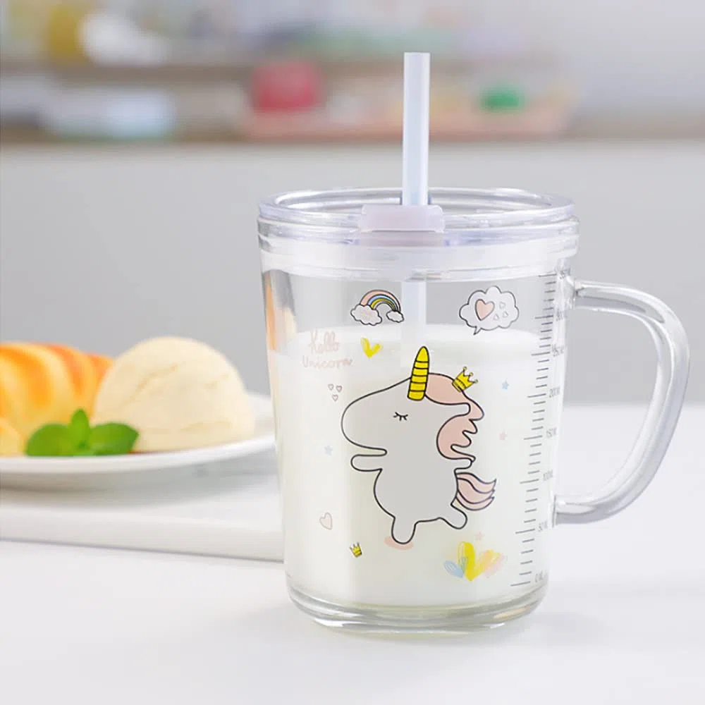 Vaso cristal con tapa y pajita, Cristal transparente con paja, 350 ml Tazas Medición Vaso Leche para Café Jugo Té Helado, unicornio, 350 ml