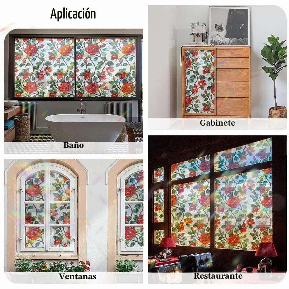 GORGECRAFT Película de Privacidad para Ventana con Diseño de Arcoíris Y Rosas de 100x43cm con Flores Rojas Bloqueador Solar No Adhesiva para Vidrio de Ventana 3D Estática Resistente A los Rayos UV