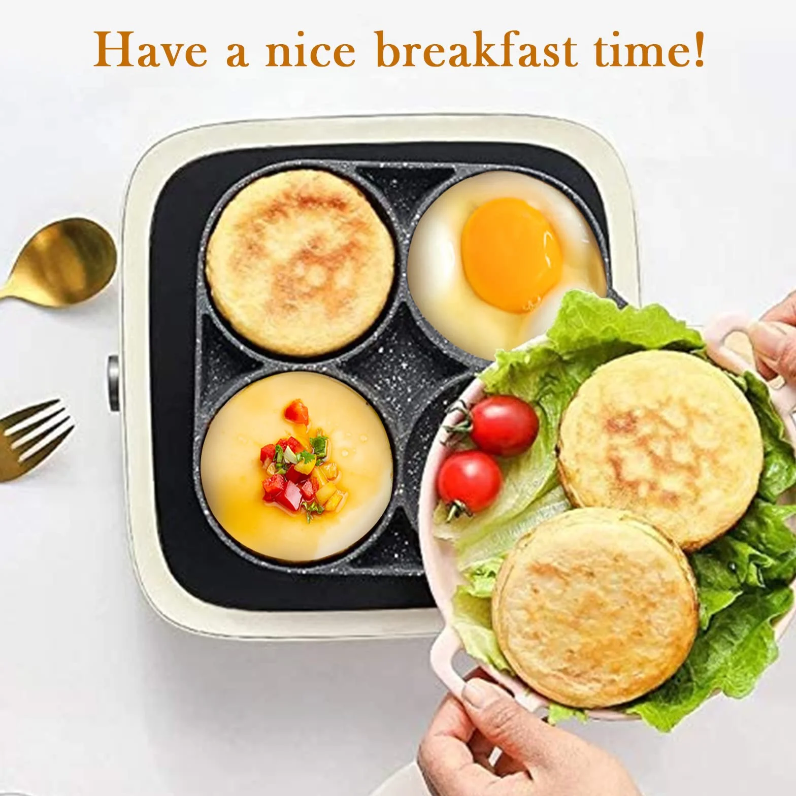 LOMUG Sartén Tortita, Sartén Huevos Poche, Sartén Tortitas de 4 Agujeros,Sartén Antiadherente de Aluminio para Desayuno Huevos Fritos Hamburguesas Panqueques,para Estufas de Gas y Cocinas de Inducción