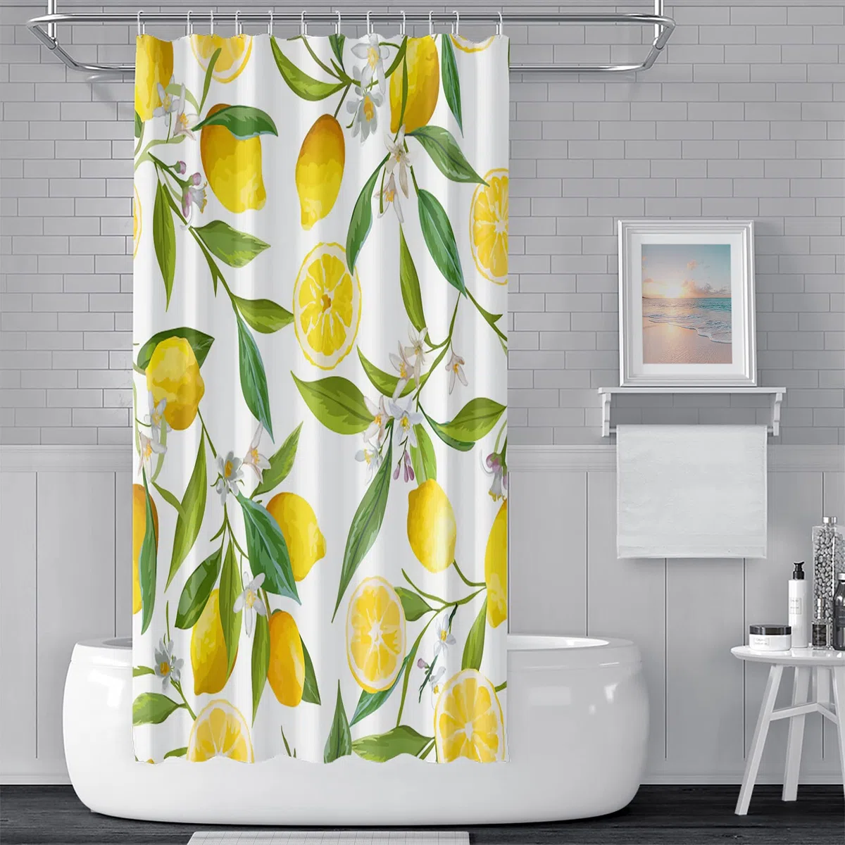 152x183cm Árbol de limón Amarillo Flor Cortina de la Ducha Hojas Verdes De Verano Fruta Planta Botánica Ramas los árboles Fondo Blanco Cortina de baño para decoración del baño con Ganchos