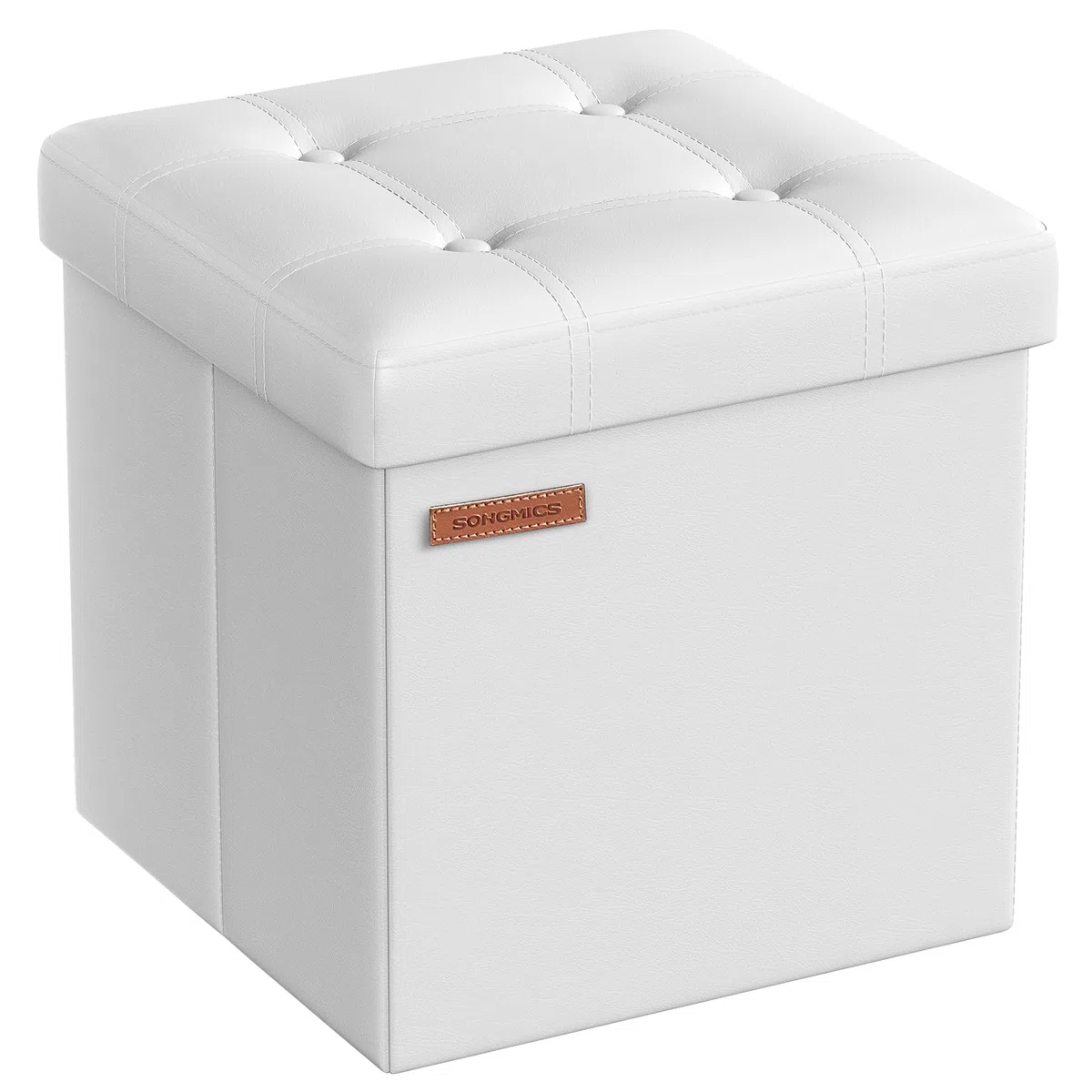SONGMICS Puff Almacenaje de 38 cm, Banco de Almacenamiento Plegable con Tapa, Reposapiés, Cuero Sintético, Carga de 300 kg, para Entrada, Sala de Estar, Dormitorio, Blanco Nube LSF030W11