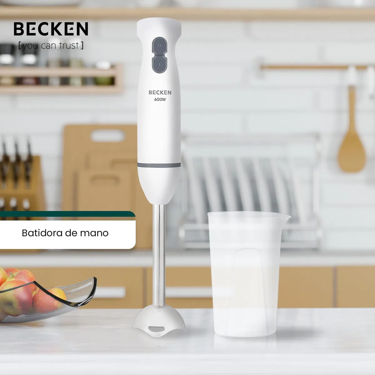 BECKEN - Batidora de Mano - 2 Velocidades Variables - Acero Inoxidable - Potencia 600W - Incluye vaso Medidor
