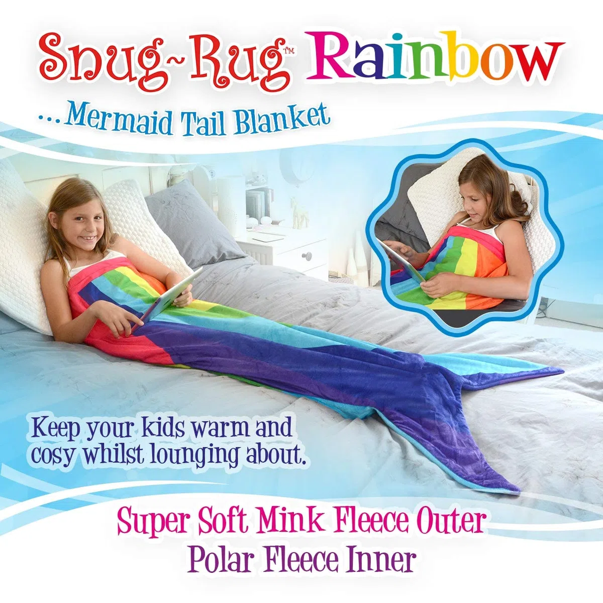 Snug Rug Manta de Forro Polar Multicolor con Cola de Sirena, Multicolor, de Calidad Supersuave, hasta 1,5 m de Altura, poliéster, 61 x 5 x 142 cm
