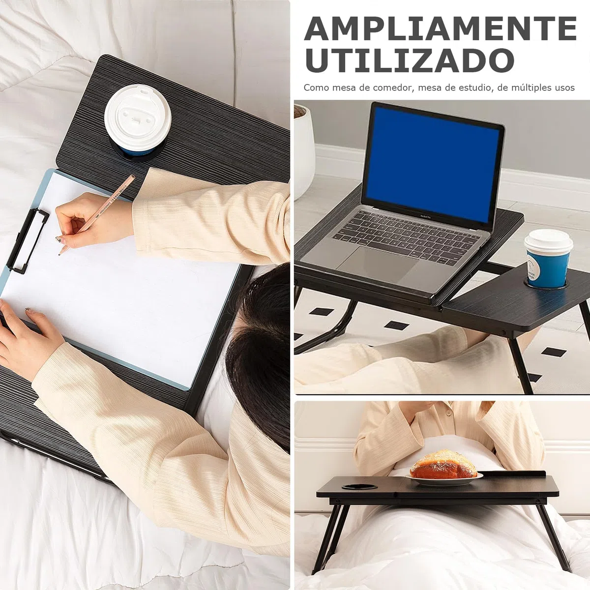 Mesa para Cama y Sofá - Plegable Bandeja para Cama con Tapa Ajustable y Portavasos, Mesa Cama Ordenador en Tablero MDF y Metal, 56x32x25 cm, Negro