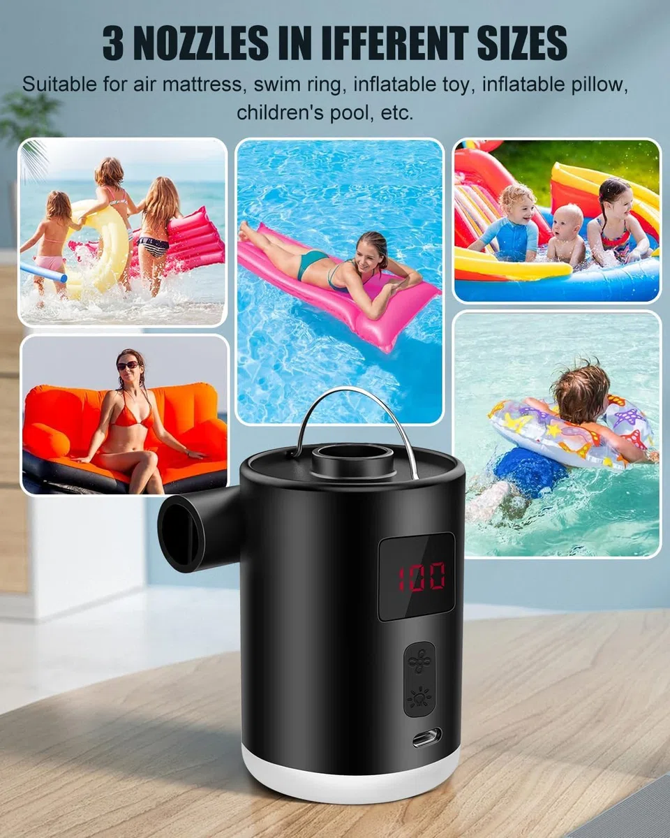 Bomba de Aire Eléctrica 4000mAh Batería Recargable con 3 Boquillas, Inflador Eléctrico Portátil, con Fuente de Luz, se Puede Colgar, Adecuado, para Barco Inflable Piscinas Colchones de Cama, Inflador