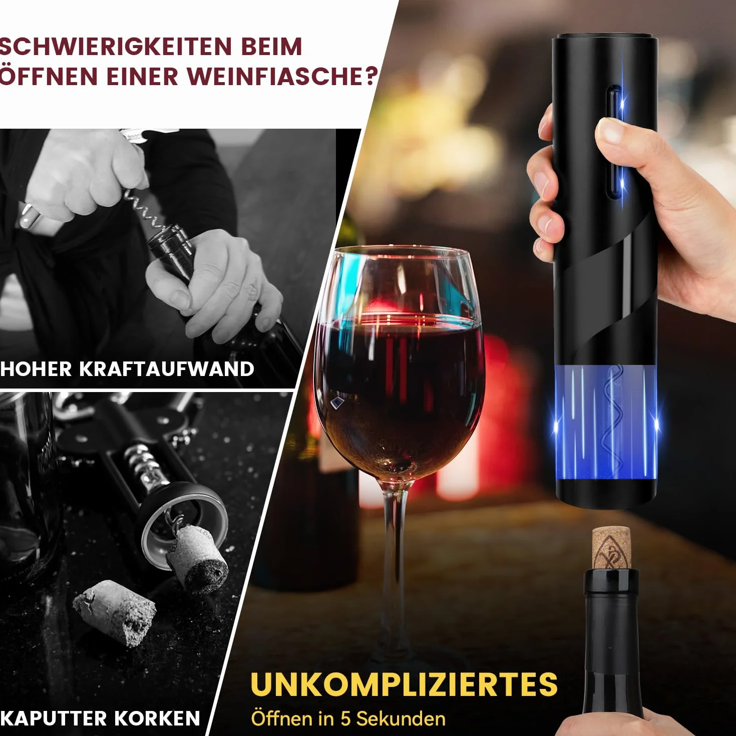 Hotec Sacacorchos eléctrico, abrebotellas automático, idea de regalo, cortador de cápsulas, cable USB, vertedor, tapón de vacío