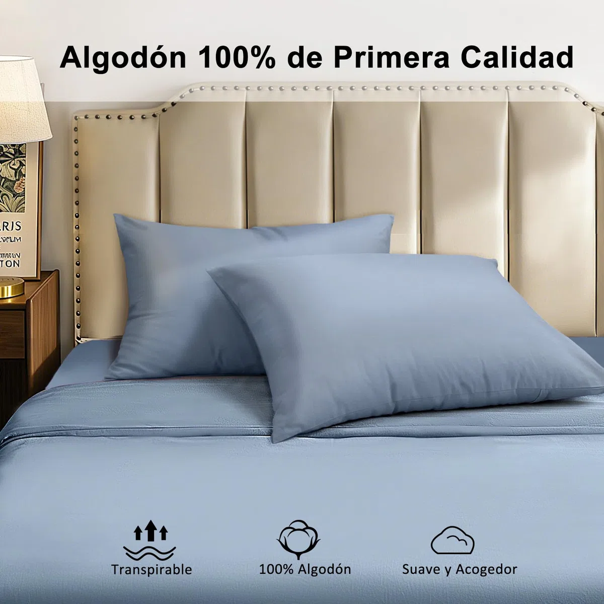 Lirex 2 Paquetes Fundas de Almohada, 100% Algodón Transpirable Cubiertas de Almohada，Cierre de Cremallera 50 x 70 cm, Azul Gris Claro