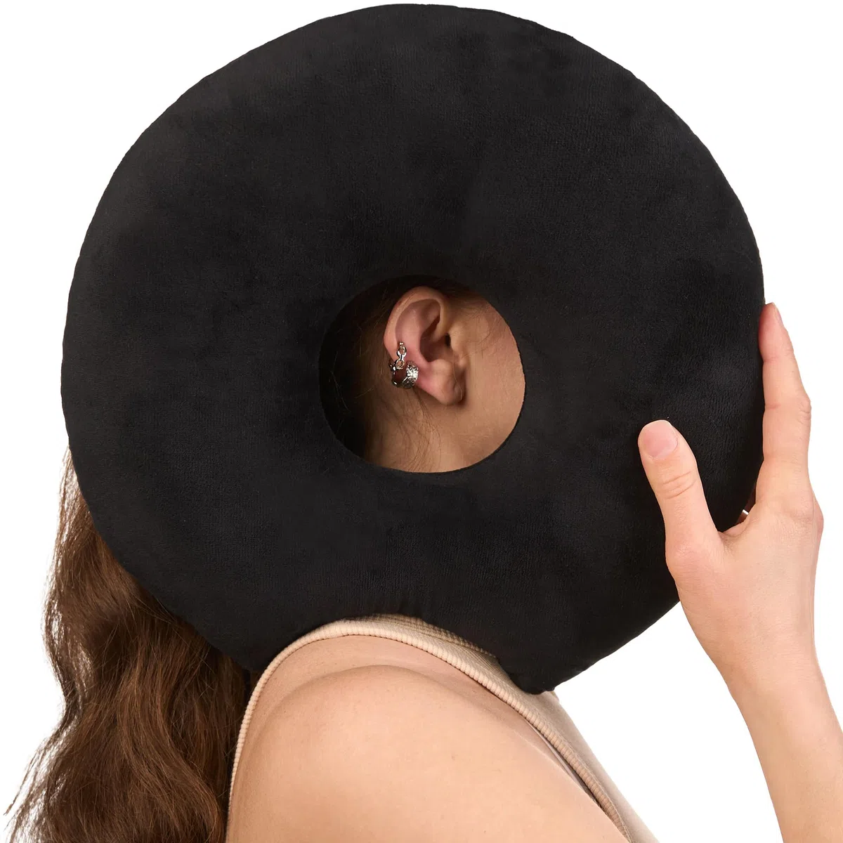 ODOXIA Almohada para Piercing Oreja | Almohada con Agujero para la Oreja | Relleno Ajustable | para Dormir de Lado | Alivio del Dolor por CNH Donut Pillow (Black)