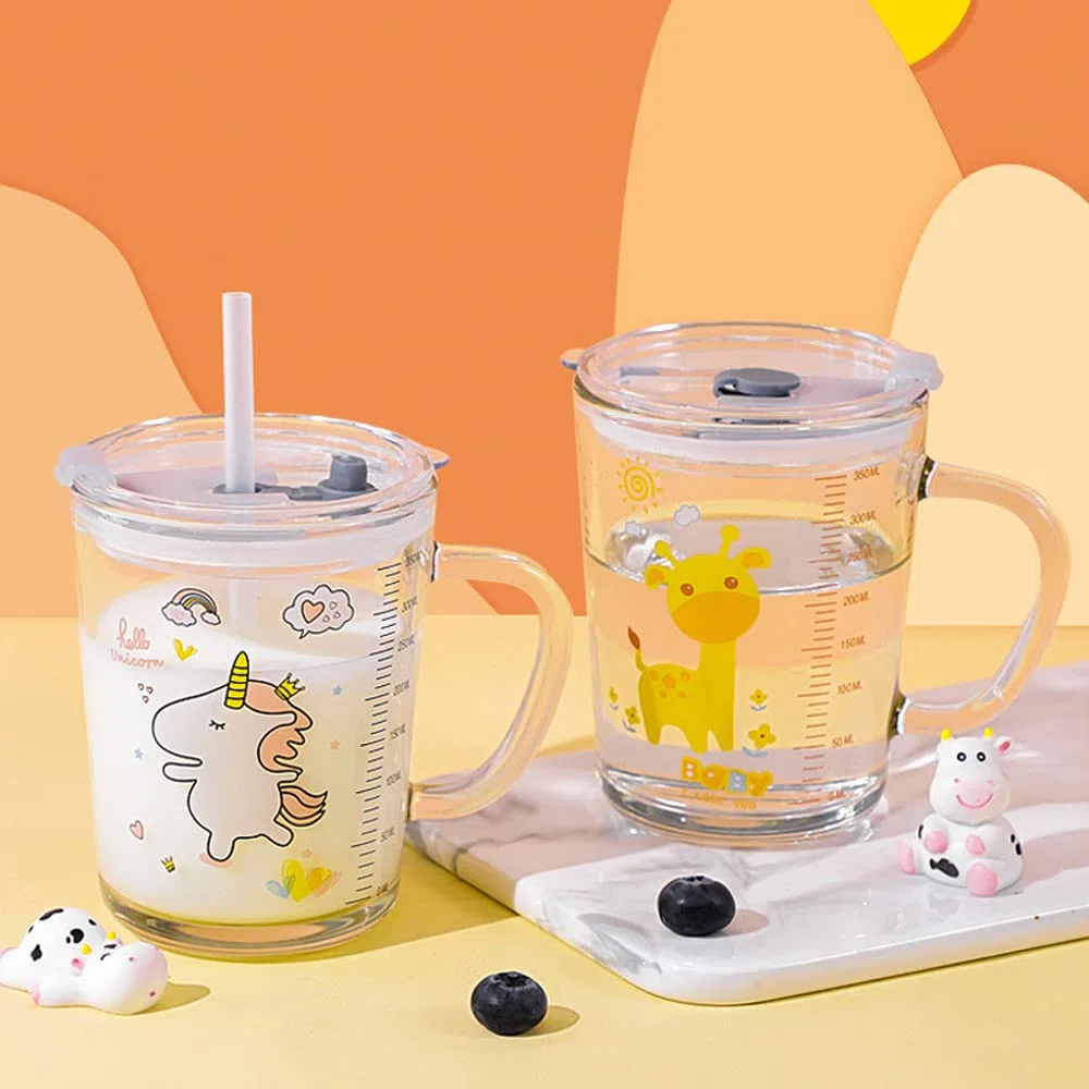 Vaso cristal con tapa y pajita, Cristal transparente con paja, 350 ml Tazas Medición Vaso Leche para Café Jugo Té Helado, unicornio, 350 ml