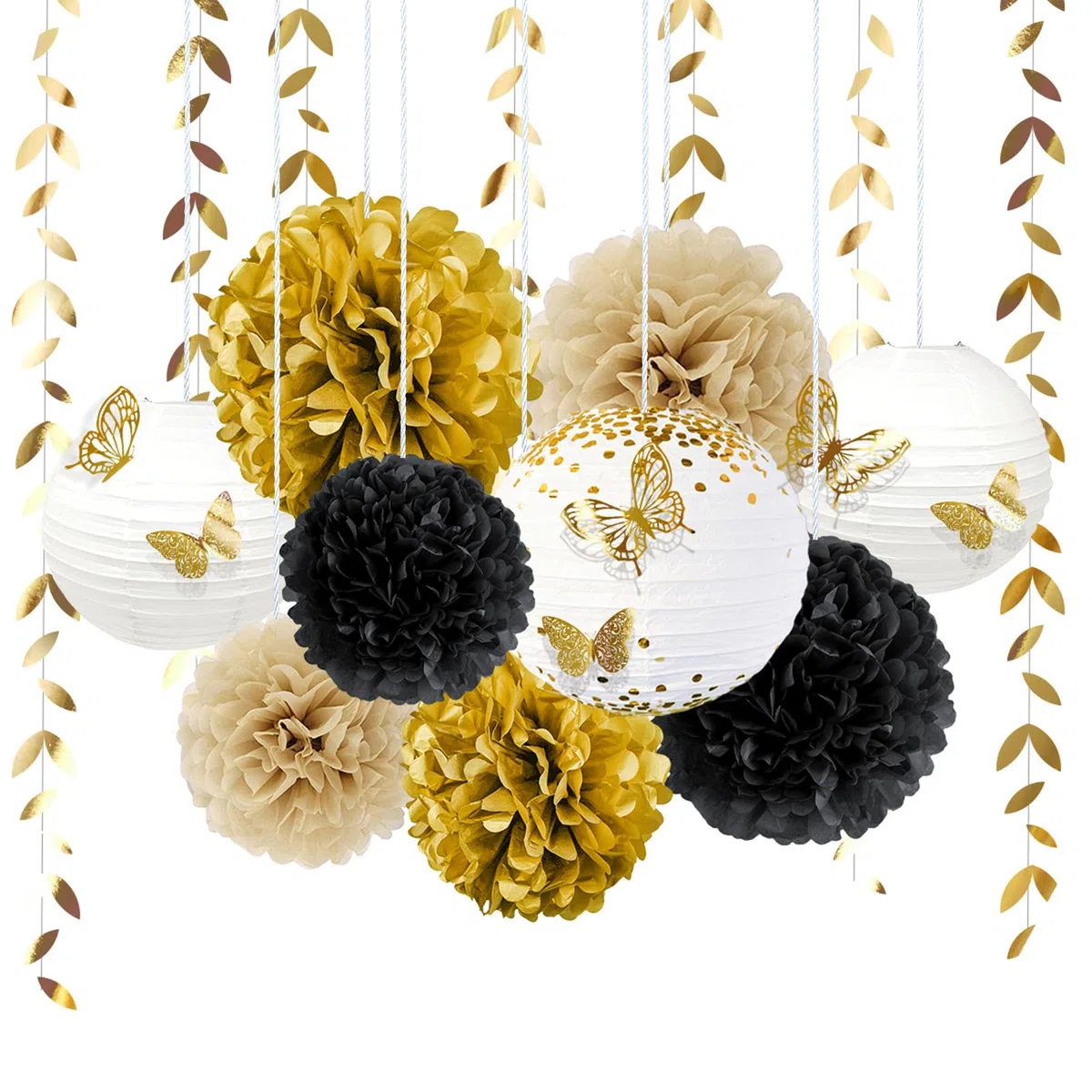 Kit de Decoración para Fiesta Negro y Dorado 18 Piezas Pompones de Papel de Seda, Farolillos de Papel Redondos Guirnaldas de Hojas y Mariposas para Cumpleaños, Boda, Graduaciones Baby Shower