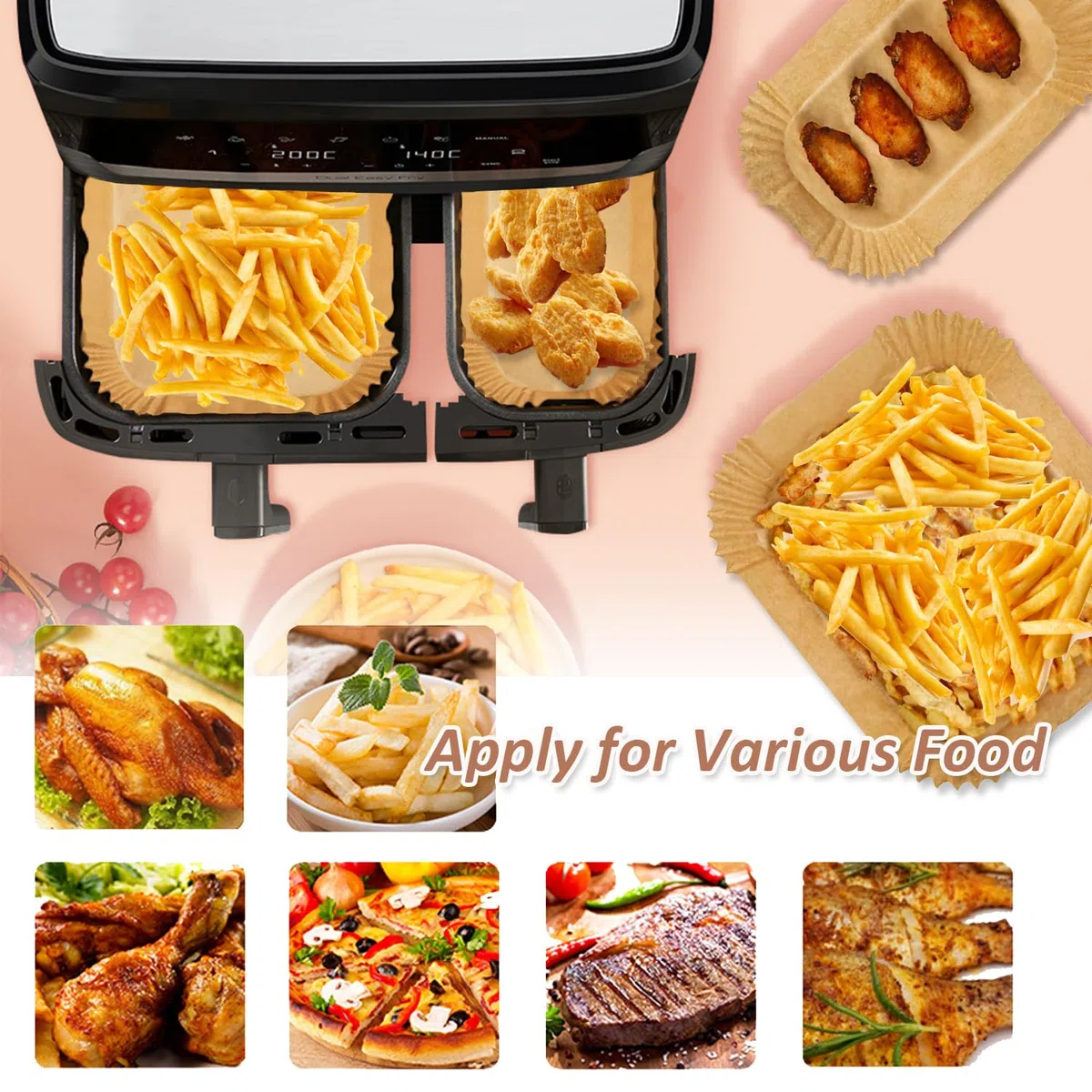 Papel Para Freidora de Aire para Moulinex Air Fryer 5,2/3,1 L, Papel Freidora Aire Air Fryer Papel para Philips Airfryer Serie 3000, Cecotec 5,5/3,5 L, Air Fryer Accesorios (50pcs+50pcs)