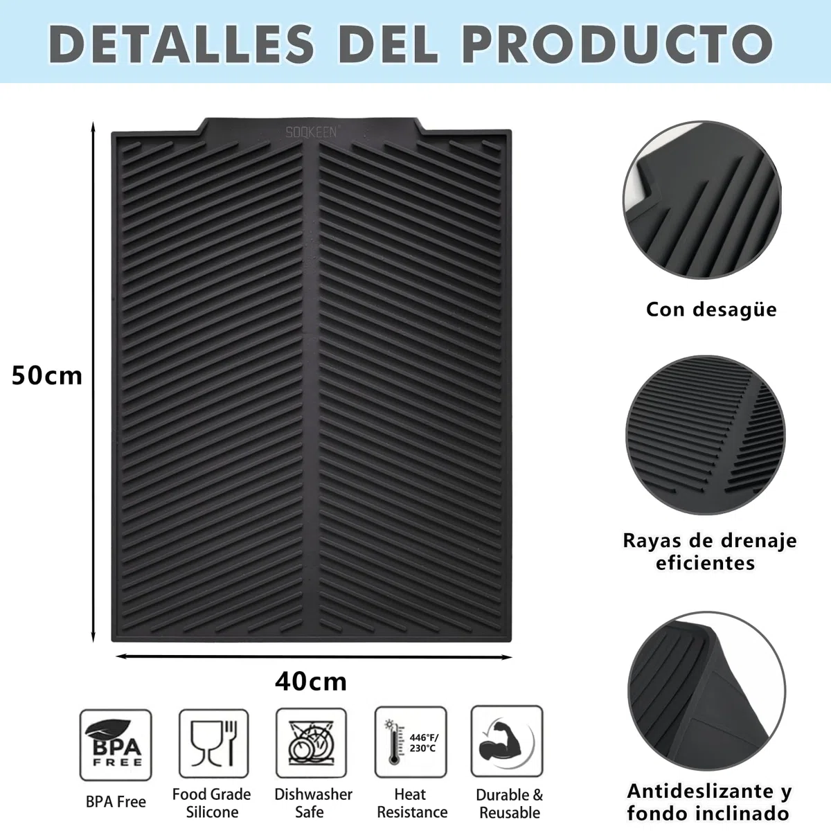 Alfombrilla Escurreplatos de Silicona, 50 x 40 cm escurreplatos silicona, soportes para platos, antideslizante, resistencia a altas temperaturas, Alfombrilla para secar Platos, Negro