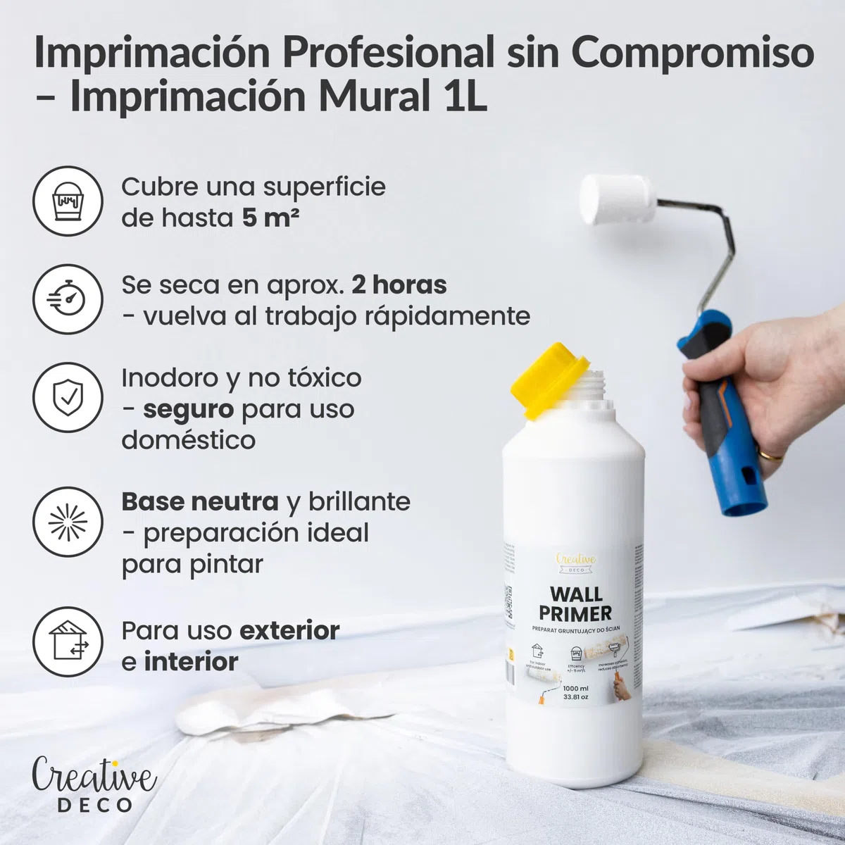 Creative DECO Imprimación de Pintura 1L Blanca | Primer Fijador Paredes y Techos | Eficacia 5m2 | Alta Adherencia | Bloqueador de Manchas | Secado Rápido | Sin Disolventes | Fácil Aplicación