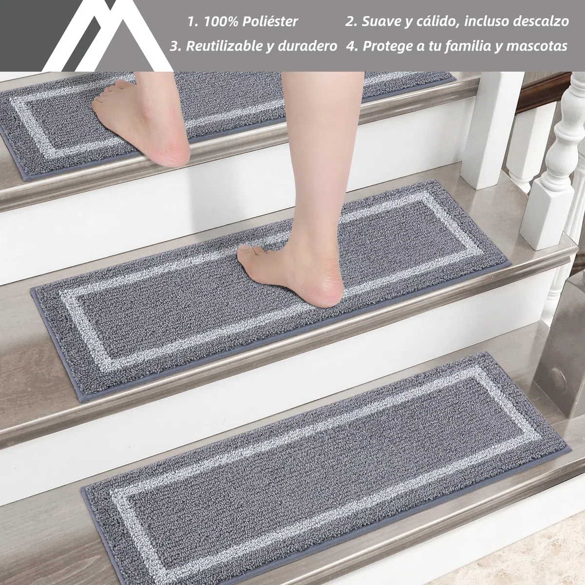COSY HOMEER Alfombrillas para Escalones, 70 x 22 cm, 4 Piezas, Autoadhesivas, Alfombra Antideslizante para Escaleras de Estilo Retro en TPE, Lavables en Lavadora 100% Poliéster, Gris