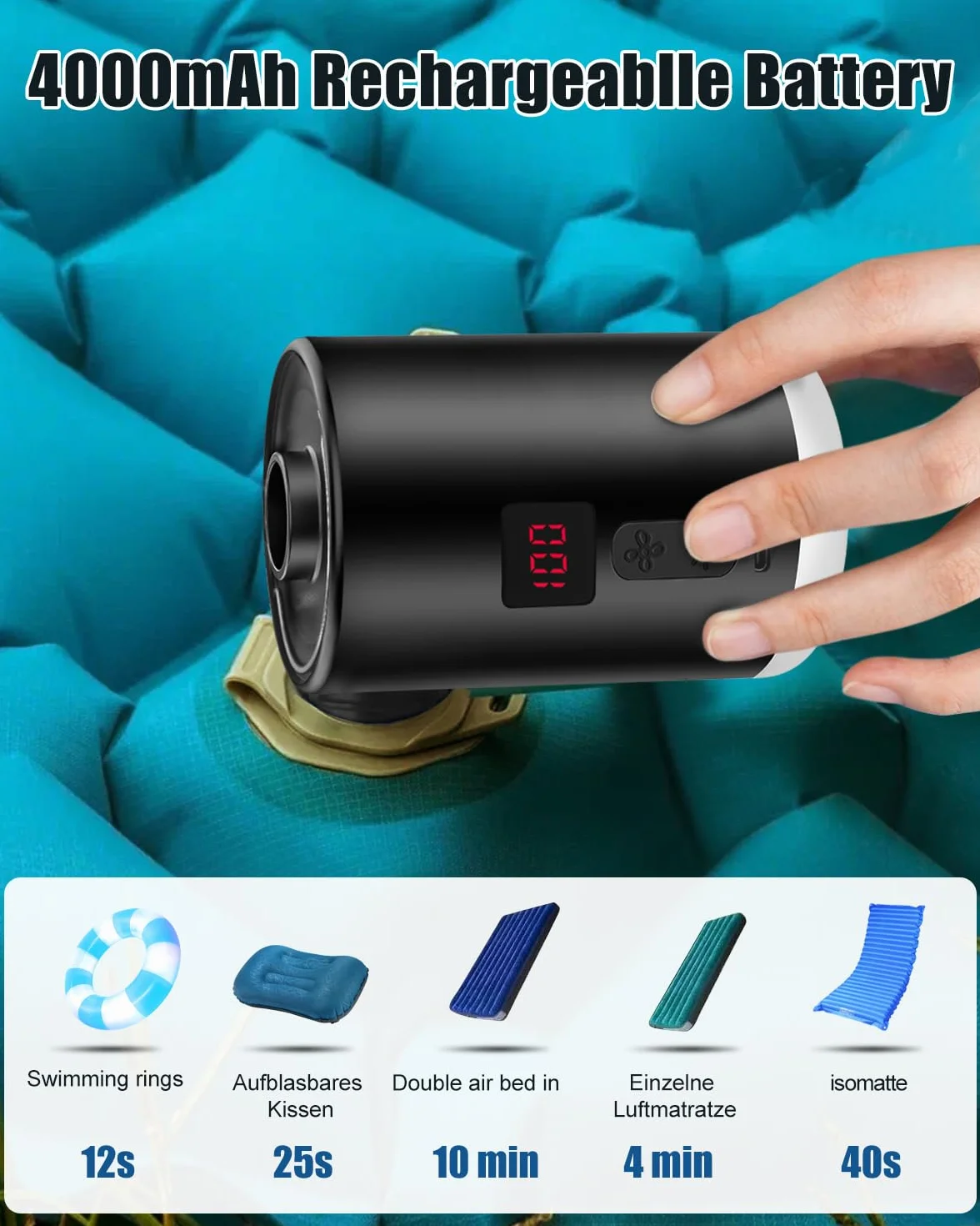 Bomba de Aire Eléctrica 4000mAh Batería Recargable con 3 Boquillas, Inflador Eléctrico Portátil, con Fuente de Luz, se Puede Colgar, Adecuado, para Barco Inflable Piscinas Colchones de Cama, Inflador