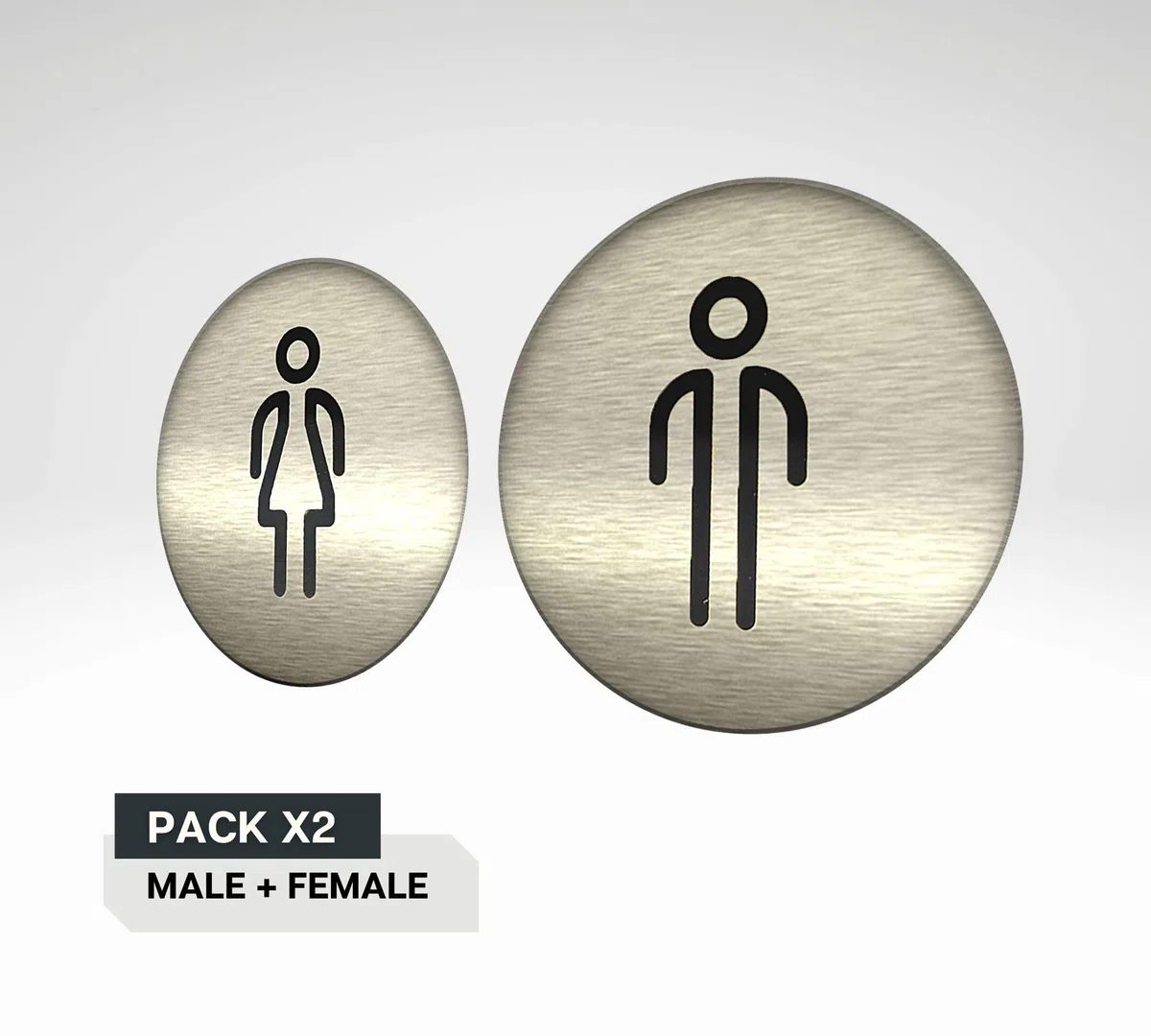 DOJA BARCELONA | Cartel para Baño | Hombre + Mujer | Color Plateado | 100mm Diámetro | Simbolo Adhesivo WC para Puerta | Placa Pegatina para Aseo, Aseos Cartel, Vinilo Adhesivo, Señal de Lavabo